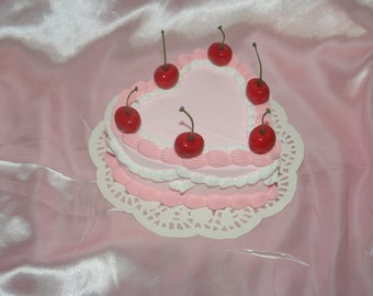 Vintage-Style Kawaii Pink and White Heart Shaped Fake Cake w/ Cherries! Includes FREE Accessory! Ready to Ship!