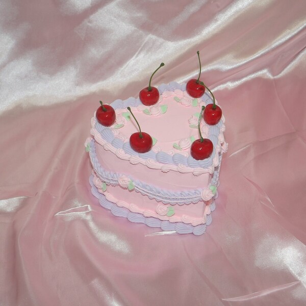 Vintage Style Heart Shaped Pink and Purple Pink Rose Fake Cake with Cherries! Includes FREE Accessory!