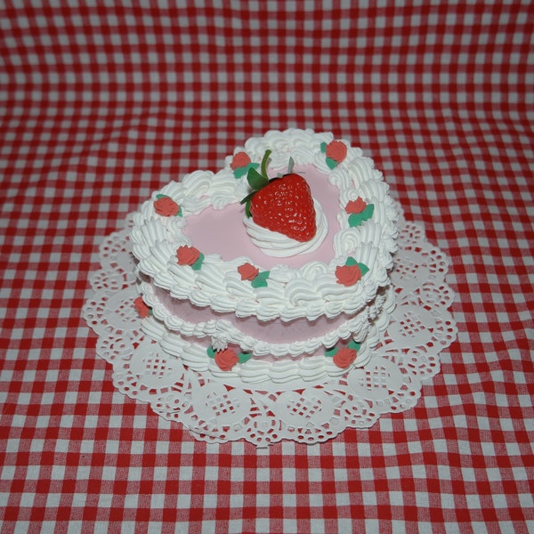 Vintage-Style Pink and White Rose Heart-Shaped Strawberry Fake Cake Jewelry Box with Mirror! Includes FREE Accessory!