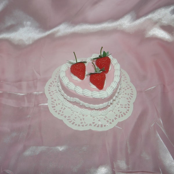 Vintage-Style Kawaii Pink and White Heart-Shaped Strawberry Fake Cake Jewelry Box with Mirror! Includes FREE Accessory!