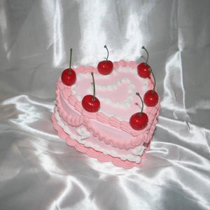 Vintage-Style Pink and White Heart-Shaped Fake Cake w/ Cherries! Includes FREE Accessory!