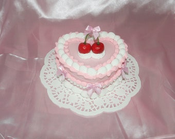 Vintage-Style Pink and White Heart-Shaped Cherry Bow Fake Cake Jewelry Box with Mirror! Includes FREE Accessory!