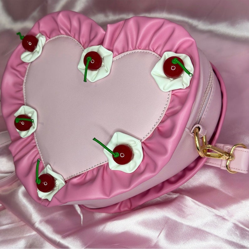 Vintage-Style Pink Heart Shaped Fake Cake Faux Leather Purse with Cherries Super Cute & Unique Accessory Ready to Ship image 3