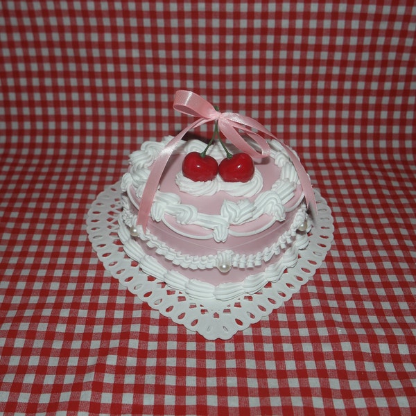Vintage-Style Pink and White Heart-Shaped Cherry Bow Fake Cake Jewelry Box with Mirror! Includes FREE Accessory!