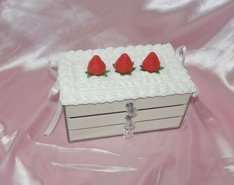 Vintage-Style Large Three Drawer White Strawberry Bow Fake Cake Jewelry Box! Includes FREE Accessory! Ready to Ship!