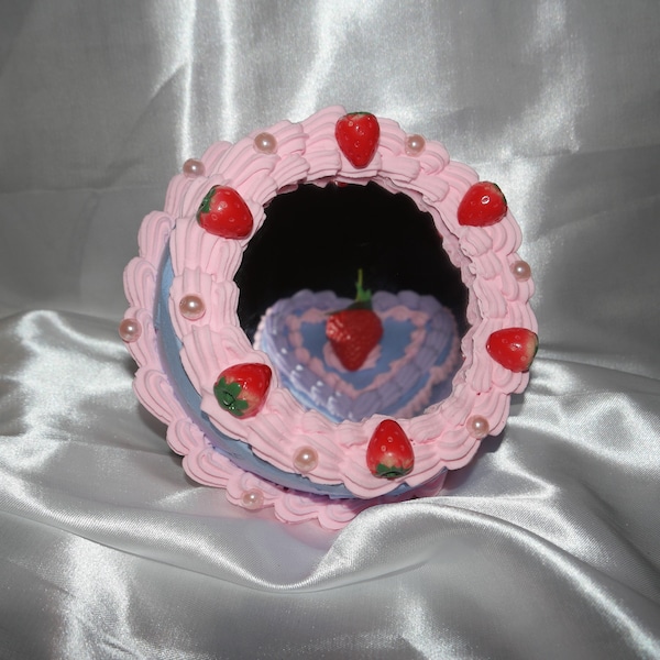 Vintage-Style Pink and Periwinkle Fake Cake Mirror with Strawberries & Pearls! Super Cute Wall Hanging/Home Decor! Includes FREE Accessory!