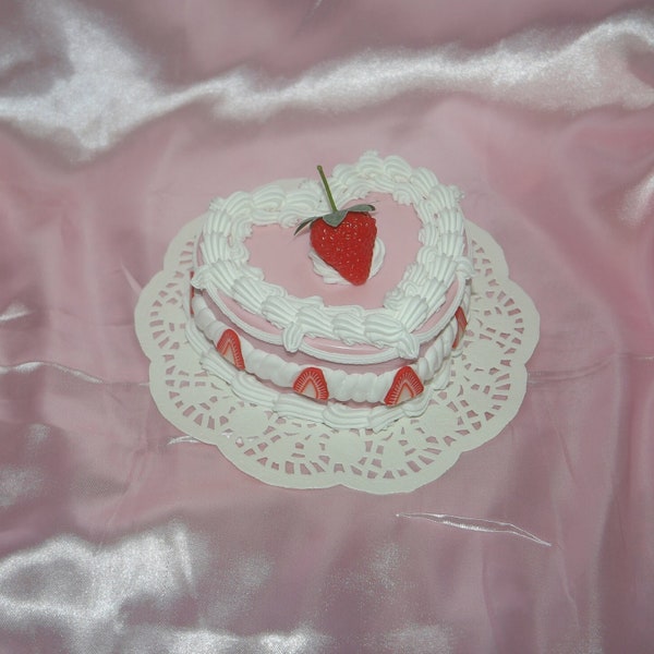 Vintage-Style Kawaii Pink and White Heart-Shaped Strawberry Fake Cake Jewelry Box with Mirror! Includes FREE Accessory!