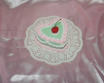 Vintage-Style Kawaii Pink, White and Mint Cherry Mini Heart-Shaped Fake Cake Wall Hanging! Includes FREE Accessory! Ready to Ship!