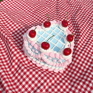 Vintage-Style Blue, White, and Pink Fake Cake w/ Cherries! Includes FREE Accessory!
