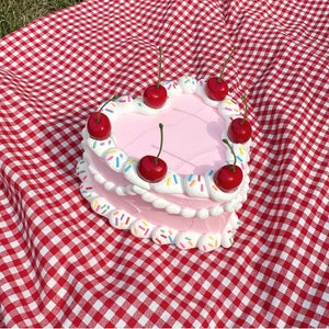 Kawaii Pink and White Sprinkle Fake Cake w/ Cherries! Includes FREE Accessory!