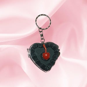 Vintage Style Kawaii Heart Shaped Black Spiderweb Cherry Fake Cake Mirror Keychain! Includes FREE Accessory!