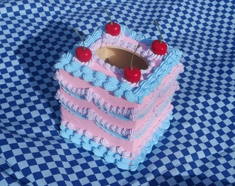 Vintage-Style Pink, Blue, and Purple Fake Cake Tissue Box with Cherries! Includes FREE Accessory!