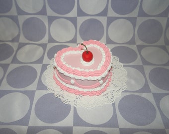 Vintage-Style Pink and White Heart-Shaped Cherry Fake Cake Jewelry Box with Mirror! Includes FREE Accessory!