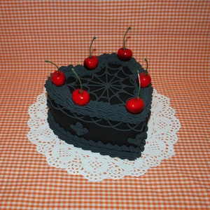 Vintage Style Halloween Gothic Black Spiderweb Heart-Shaped Fake Cake w/ Cherries! Includes FREE Accessory!