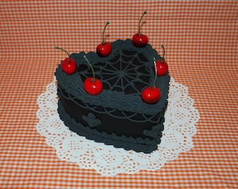 Vintage Style Halloween Gothic Black Spiderweb Heart-Shaped Fake Cake w/ Cherries! Includes FREE Accessory!