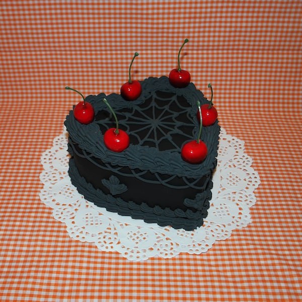 Vintage Style Halloween Gothic Black Spiderweb Heart-Shaped Fake Cake w/ Cherries! Includes FREE Accessory!