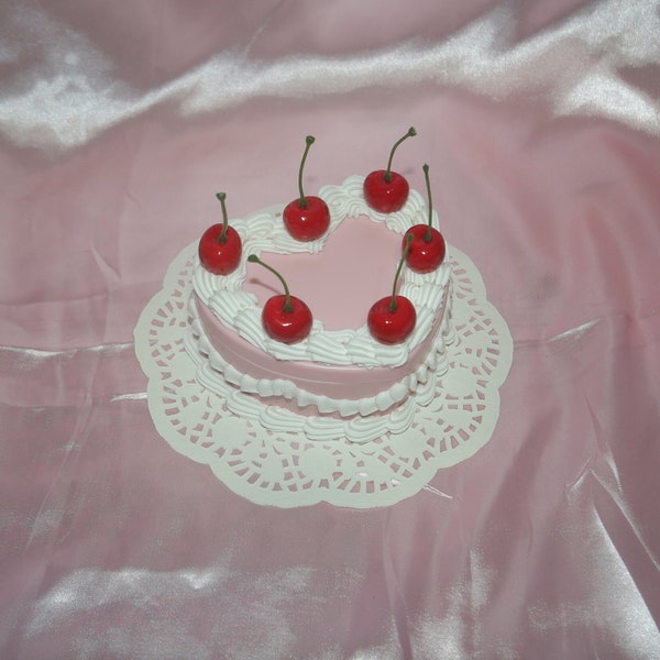 Vintage-Style Kawaii Pink and White Heart-Shaped Cherry Fake Cake Jewelry Box with Mirror! Includes FREE Accessory!