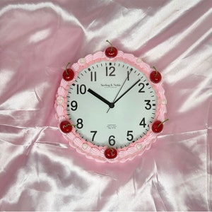 Vintage Style Kawaii Coquette Pink and White Fake Cake Clock with Cherries! Includes FREE Accessory!