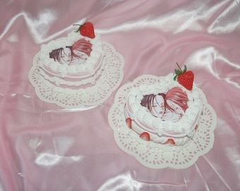 Vintage-Style Kawaii Anime Pink and White Heart-Shaped Strawberry Fake Cake Jewelry Box with Mirror!