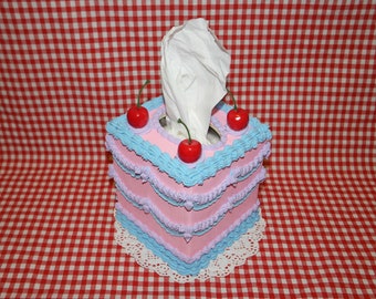 Vintage-Style Pink, Blue, and Purple Fake Cake Tissue Box with Cherries! Includes FREE Accessory!