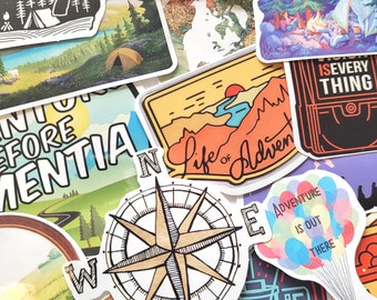 Aventure Stickers, Travel Stickers, natuur camping sticker, laptop stickers reizen, avontuur sticker voor boek, Wandelen sticker set voor telefoon