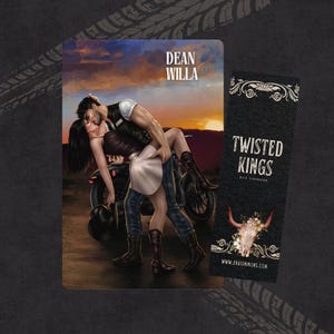 May include: A book cover and bookmark featuring a couple kissing in front of a motorcycle at sunset. The book cover reads "DEAN WILLA" and the bookmark says "TWISTED KINGS" by Eva Simmons, with a skull and floral design.