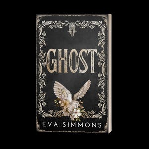 May include: A black and white book cover with a white owl and floral design. The title "GHOST" is written in a vintage style font. The author's name "EVA SIMMONS" is written below the title.