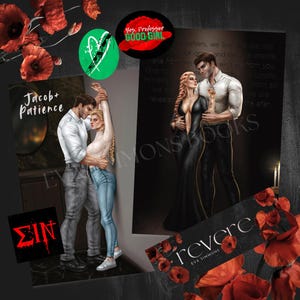 May include: A collection of book covers and stickers. The book covers feature illustrations of couples in romantic poses. The stickers have text that reads "Yes, Professor Good Girl" and a green heart design. Red poppy flowers are also present.