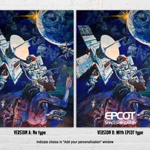 Puede incluir: Una ilustraci&oacute;n de estilo retro de una estaci&oacute;n espacial futurista con una antena parab&oacute;lica, astronautas y un planeta Tierra en el fondo. El texto "EPCOT SPACESHIP EARTH" es visible en la esquina inferior derecha.