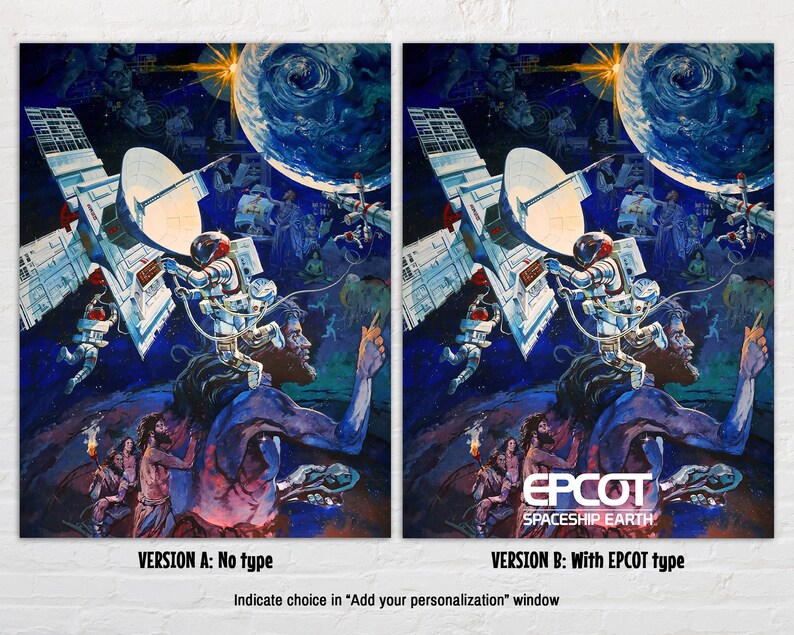 Puede incluir: Una ilustraci&oacute;n de estilo retro de una estaci&oacute;n espacial futurista con una antena parab&oacute;lica, astronautas y un planeta Tierra en el fondo. El texto "EPCOT SPACESHIP EARTH" es visible en la esquina inferior derecha.