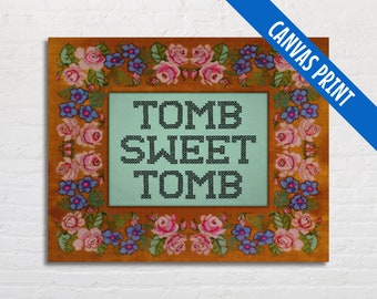 Tomb Sweet Tomb Picture from Disney's Haunted Mansion, Haunted Mansion Tomb Sweet Tomb Faux Cross Stitch Print on Stretched or Rolled Canvas