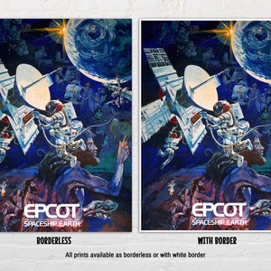 Puede incluir: Una ilustraci&oacute;n de estilo vintage de una nave espacial con el texto "EPCOT SPACESHIP EARTH" impreso debajo. La ilustraci&oacute;n est&aacute; sobre un fondo azul oscuro con un planeta y estrellas. La nave espacial es blanca con detalles azules y tiene una gran antena parab&oacute;lica.