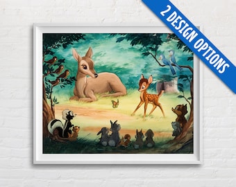 May include: A watercolor illustration of Bambi the deer, surrounded by other woodland creatures, including a skunk, rabbits, and birds. The scene is set in a forest with green trees and a blue sky.