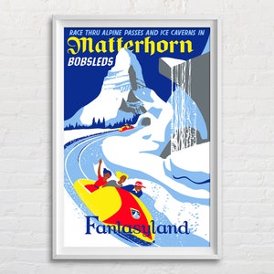 Matterhorn Bobsleds Attraction Reproduction Poster Print, Vintage Disneyland, Fantasyland, Disney Themed Kid&#39;s Room, Retro Wall Art