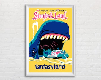 Storybook Land Canal Boats Fantasyland Atracción Cartel Reproducción Impresión, Vintage Disneyland, Decoración de la habitación temática de Disney, Arte de pared retro