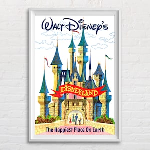 Disneyland The Happiest Place on Earth, Sleeping Beauty's Castle Poster Print, Vintage Walt Disney's Disneyland Retro Home Decor Wall Art