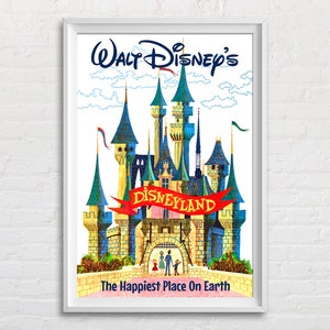 Disneyland The Happiest Place on Earth, Sleeping Beauty&#39;s Castle Poster Print, Vintage Walt Disney&#39;s Disneyland Retro Home Decor Wall Art
