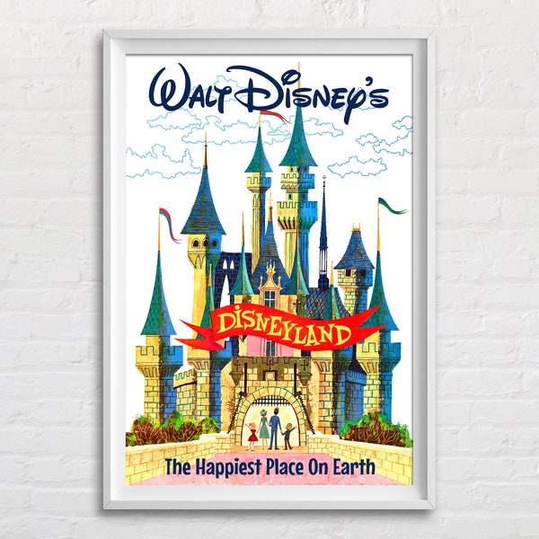 Disneyland The Happiest Place on Earth, Sleeping Beauty's Castle Poster Print, Vintage Walt Disney's Disneyland Retro Home Decor Wall Art