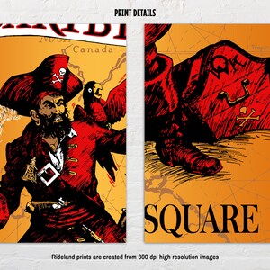 May include: A pirate with a red bandana, red shirt, and black pants stands on a map with a parrot on his shoulder. The pirate is holding a sword and a pistol. The map is labeled "Canada" and "Tropicus". The text "SQUARE" is printed on the bottom of the image.