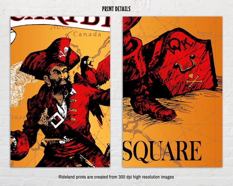 May include: A pirate with a red bandana, red shirt, and black pants stands on a map with a parrot on his shoulder. The pirate is holding a sword and a pistol. The map is labeled "Canada" and "Tropicus". The text "SQUARE" is printed on the bottom of the image.