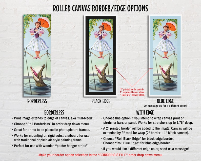 Puede incluir: Un gr&aacute;fico que muestra tres opciones de borde diferentes para impresiones en lienzo enrollado. Las opciones son sin borde, borde negro y borde azul. La imagen muestra una ilustraci&oacute;n de dibujos animados de una ni&ntilde;a caminando sobre una cuerda floja sobre un cocodrilo. El texto describe las diferentes opciones de borde y sus caracter&iacute;sticas.