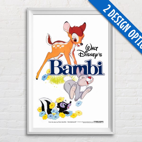 Vintage Bambi Disney Movie Poster Print 1980s, Classic Disney Animation, Woodland Baby Nursery Decor, Retro Disney Bambi Kids Room Wall Art