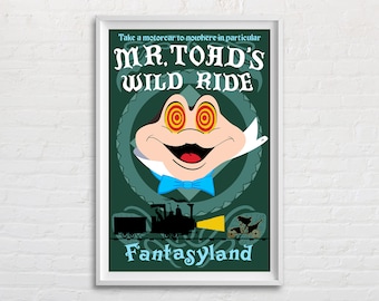 Impresión de reproducción de póster de atracción vintage de Mr Toad's Wild Ride, Disneyland, Disney World, Fantasyland Themed Retro Wall Art Decoration