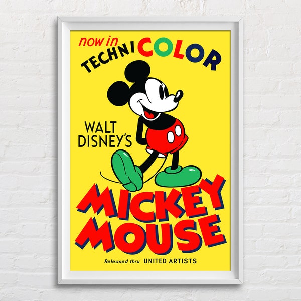 Mickey Mouse Technicolor Poster, Disney Movie Art, Walt Disney Animation, Vintage Mickey Mouse Cartoon, Classic Mickey Mouse Kids Room Decor