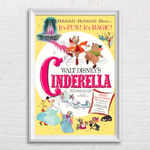 Disney Cinderella Movie Poster Print, 1965 Vintage Disney Movie Poster, Disney Princess Room Decor, Kids Bedroom Disney Nursery Wall Art