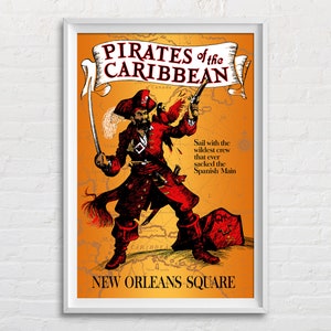 Pirates of the Caribbean 1967 Disneyland Ride Attraction Poster Reproduction Print, Disney Pirates Wall Art, Vintage Disney Decor
