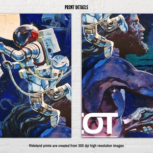 Puede incluir: Una pintura colorida de un astronauta en el espacio, con un fondo azul, verde y morado. El astronauta lleva un traje espacial blanco y se agarra a un objeto grande y blanco. La pintura es una representaci&oacute;n vibrante y din&aacute;mica de la exploraci&oacute;n espacial.