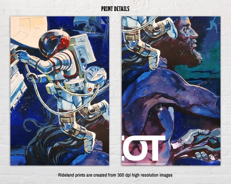 Puede incluir: Una pintura colorida de un astronauta en el espacio, con un fondo azul, verde y morado. El astronauta lleva un traje espacial blanco y se agarra a un objeto grande y blanco. La pintura es una representaci&oacute;n vibrante y din&aacute;mica de la exploraci&oacute;n espacial.