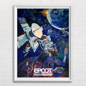 Puede incluir: Un p&oacute;ster vintage para Epcot Center, con una ilustraci&oacute;n colorida de una nave espacial orbitando la Tierra. El p&oacute;ster incluye el texto "Epcot Spaceship Earth".