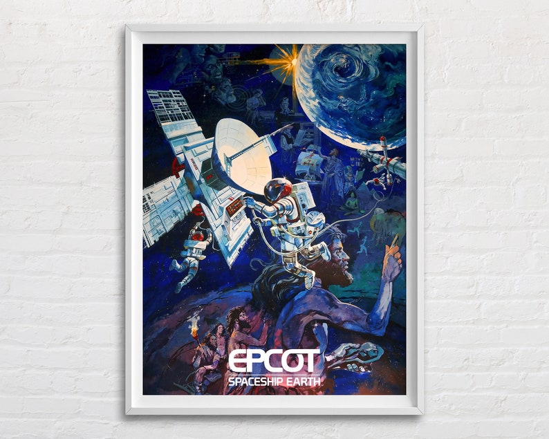 Puede incluir: Un p&oacute;ster vintage para Epcot Center, con una ilustraci&oacute;n colorida de una nave espacial orbitando la Tierra. El p&oacute;ster incluye el texto "Epcot Spaceship Earth".